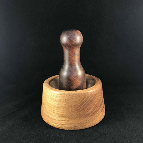 Mortar and Pestle in Elm and Crotch Walnut with Stainless Steel