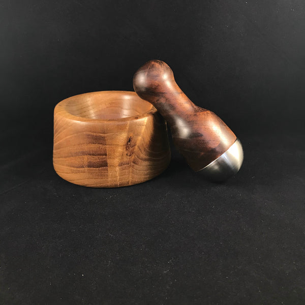 Mortar and Pestle in Elm and Crotch Walnut with Stainless Steel
