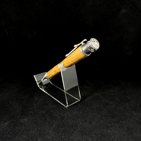 The Cowboy Antique Pewter Pen Paired with Jack Daniel's No. 7 Whiskey(R) Distillery Charred Tiger Oak Whiskey Barrel Wood.