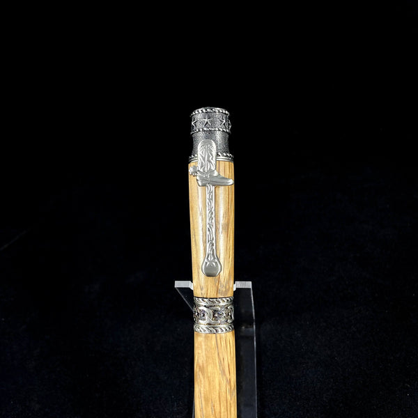 The Cowboy Antique Pewter Pen Paired with Jack Daniel's No. 7 Whiskey(R) Distillery Charred Tiger Oak Whiskey Barrel Wood.