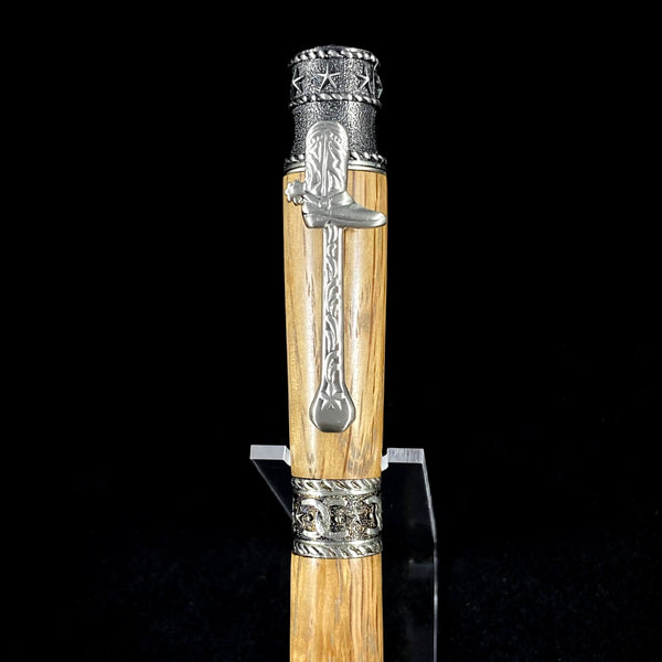 The Cowboy Antique Pewter Pen Paired with Jack Daniel's No. 7 Whiskey(R) Distillery Charred Tiger Oak Whiskey Barrel Wood.