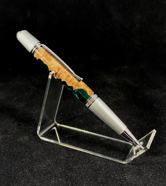 The Chairman Pen in Chrome and Brushed Steel and Australian Mallee Burl in Shimmering Green