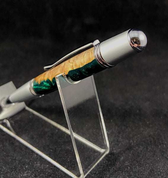 The Chairman Pen in Chrome and Brushed Steel and Australian Mallee Burl in Shimmering Green