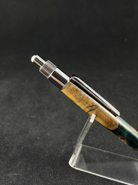 Stratus Click Pen/Mechanical Pencil in Bright Chrome Paired with Mallee Burl & Green Acrylic.