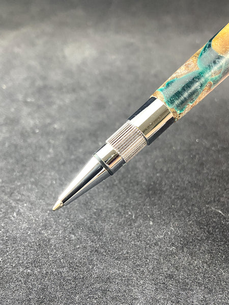 Stratus Click Pen/Mechanical Pencil in Bright Chrome Paired with Mallee Burl & Green Acrylic.