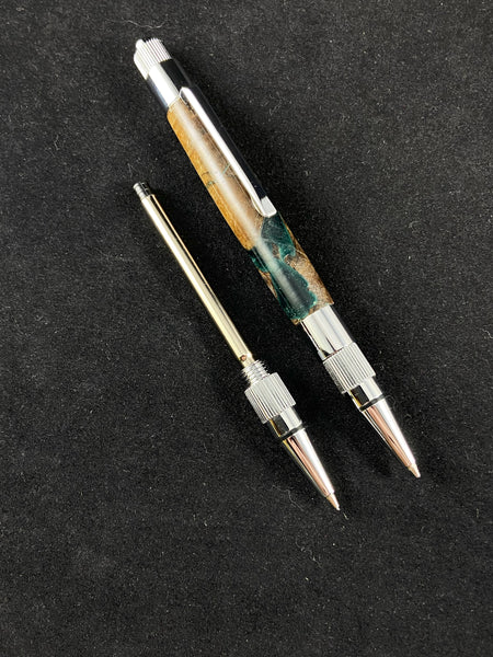 Stratus Click Pen/Mechanical Pencil in Bright Chrome Paired with Mallee Burl & Green Acrylic.