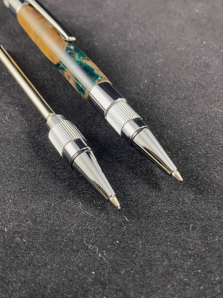 Stratus Click Pen/Mechanical Pencil in Bright Chrome Paired with Mallee Burl & Green Acrylic.