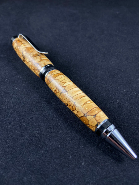 Black and Chrome Churchill Apple Harvest "Bias Cut" Short Grain Wood Pen