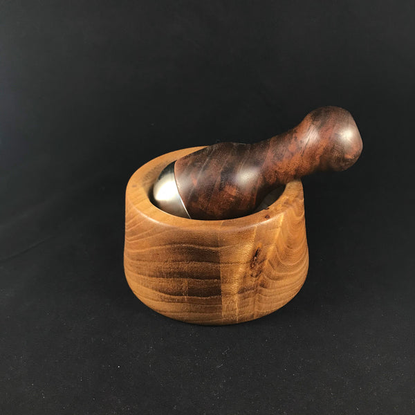 Mortar and Pestle in Elm and Crotch Walnut with Stainless Steel