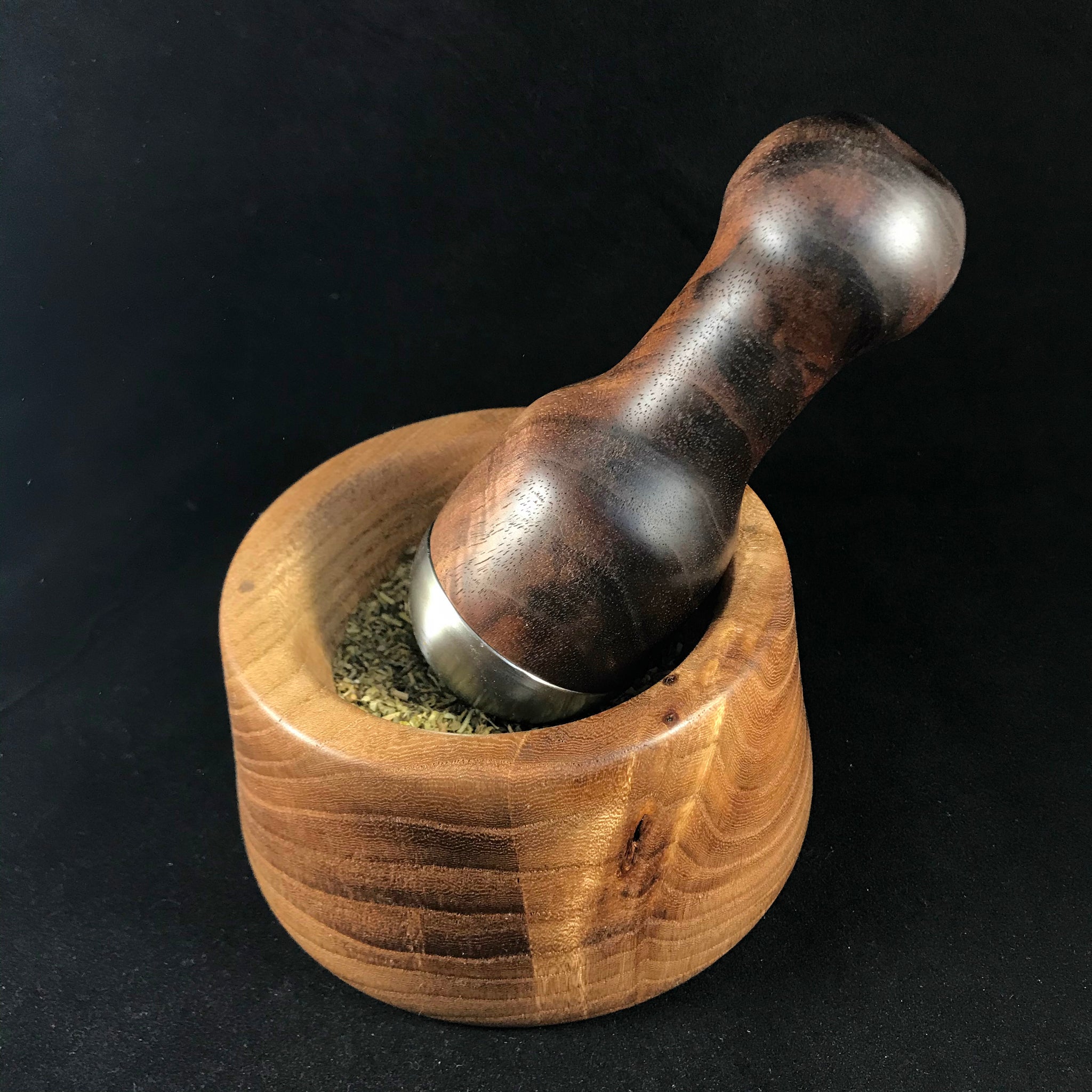 Mortar and Pestle in Elm and Crotch Walnut with Stainless Steel