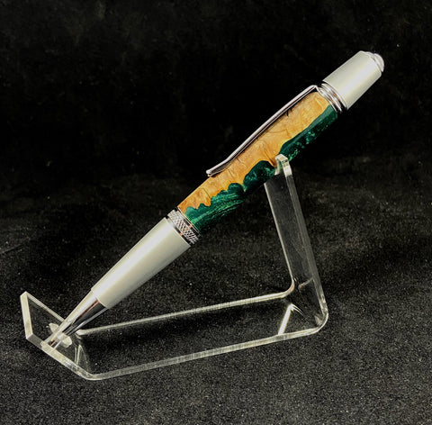 The Chairman Pen in Chrome and Brushed Steel and Australian Mallee Burl in Shimmering Green