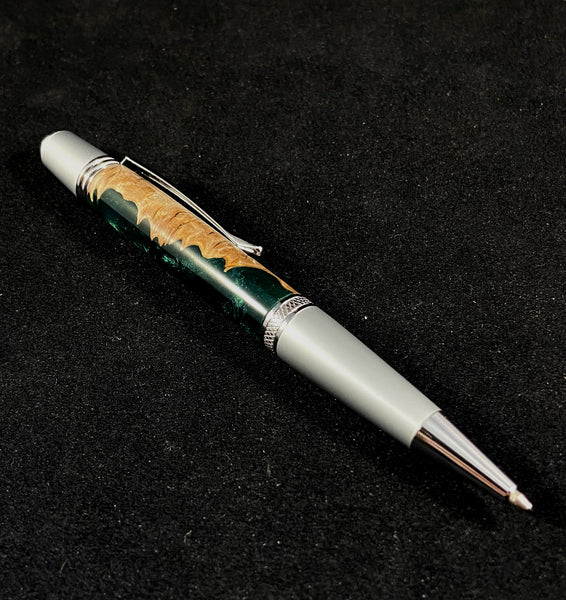 The Chairman Pen in Chrome and Brushed Steel and Australian Mallee Burl in Shimmering Green