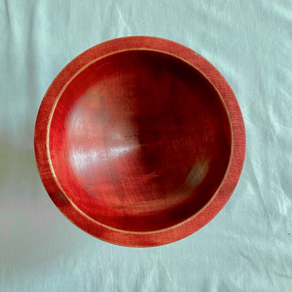 Stunning Hand Turned Footed Figured Maple Bowl, Stained Red Wine Colored